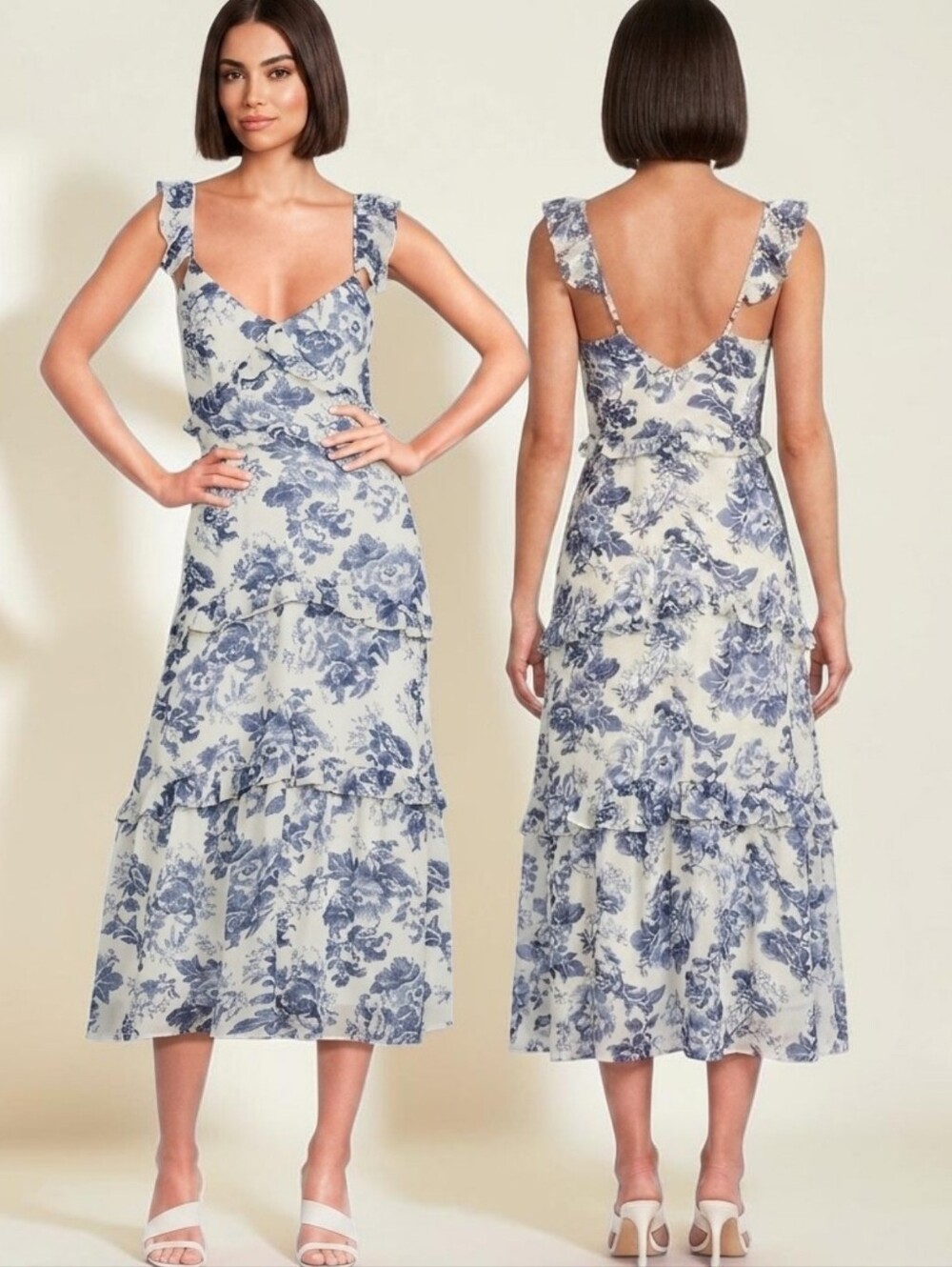 O.P.T. Ingrid Fliral Print Ruffle Trimmed Midi Dress - Size XL